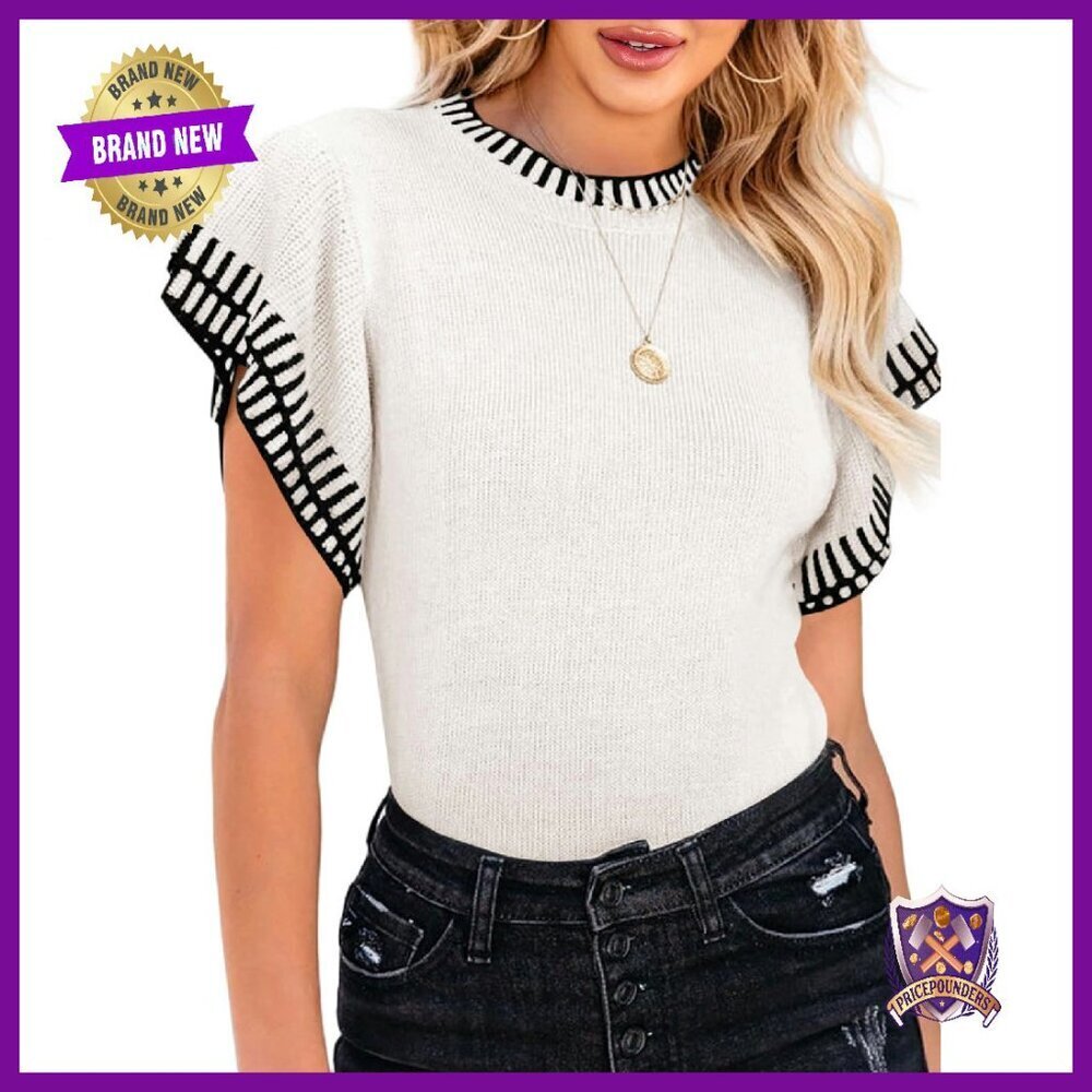 Short Sleeve Ruffle Striped Knit Sweater Top Loose Fit Lightweight
